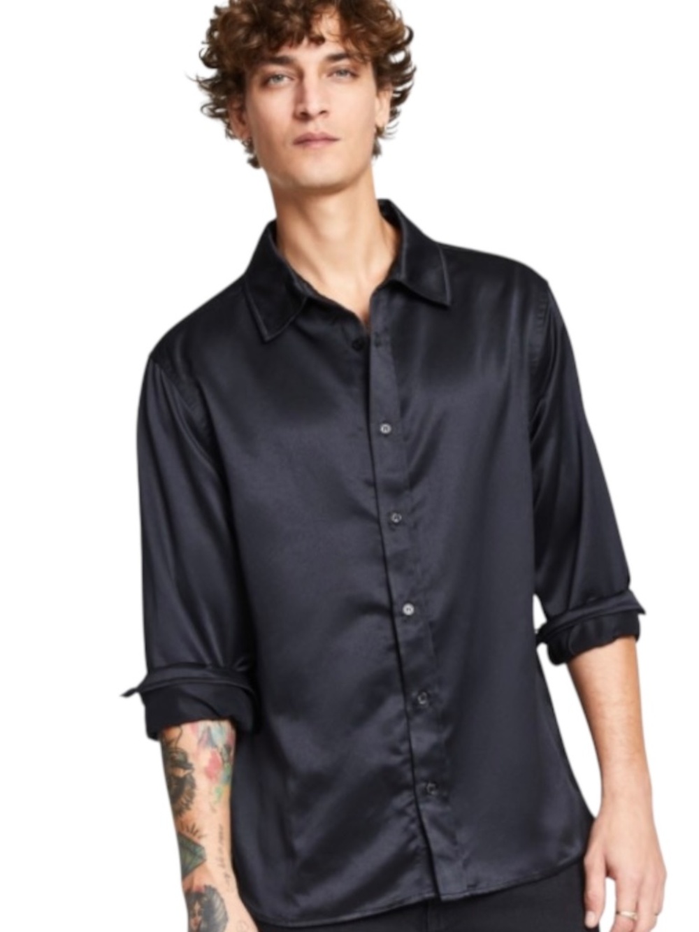 Tinsel Men's Satin Long Sleeve Button-Front Shirt - Deep Black Size L - NWT